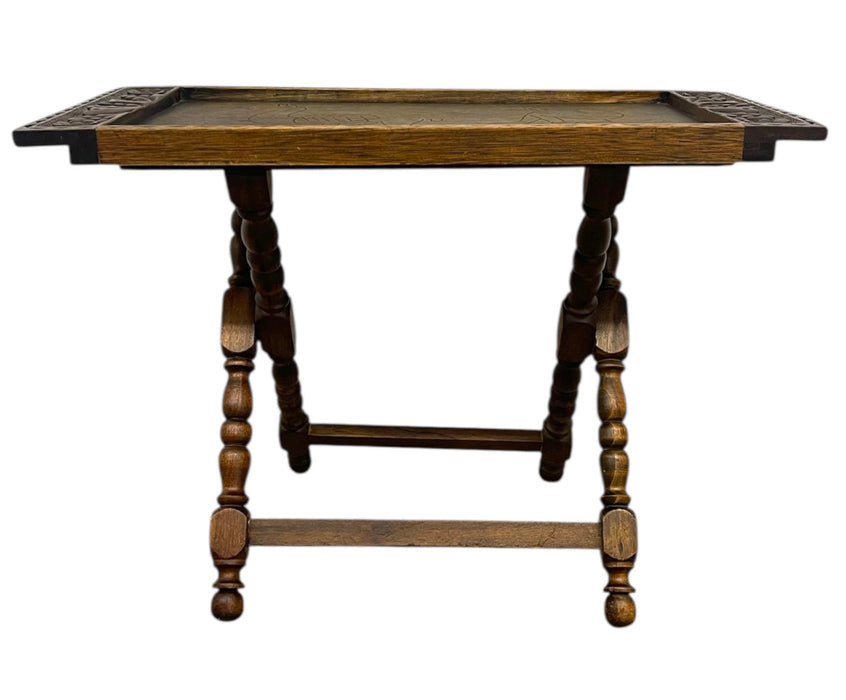 Hand-Carved Wooden Tray With Folding Stand - Carved Llama and Figure
Motif, Turned Legs