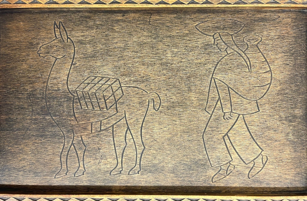 Hand-Carved Wooden Tray With Folding Stand - Carved Llama and Figure
Motif, Turned Legs
