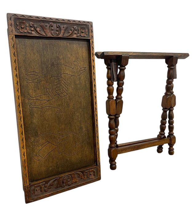 Hand-Carved Wooden Tray With Folding Stand - Carved Llama and Figure
Motif, Turned Legs