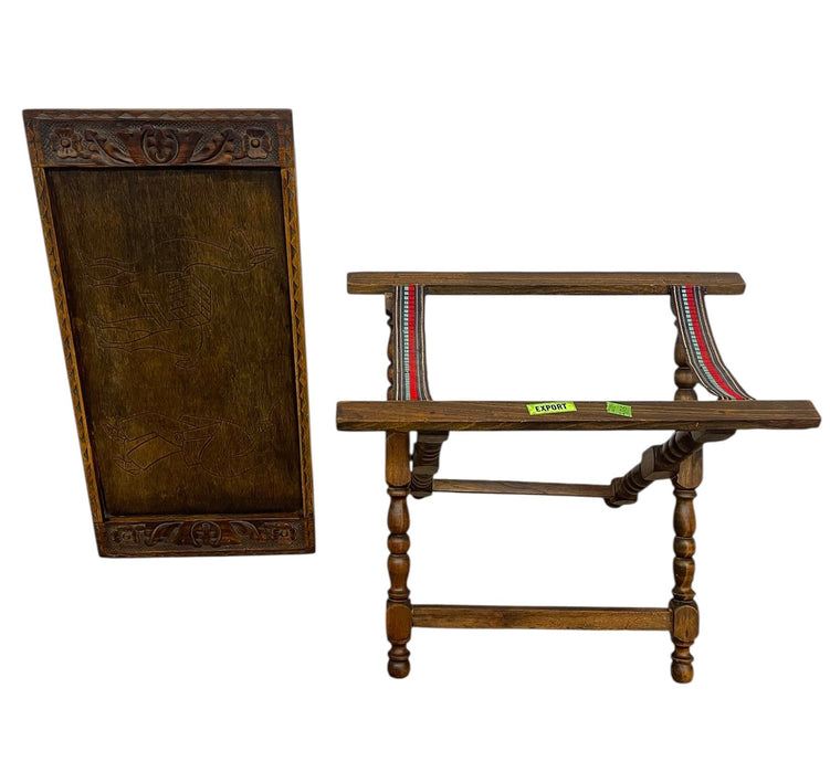 Hand-Carved Wooden Tray With Folding Stand - Carved Llama and Figure
Motif, Turned Legs
