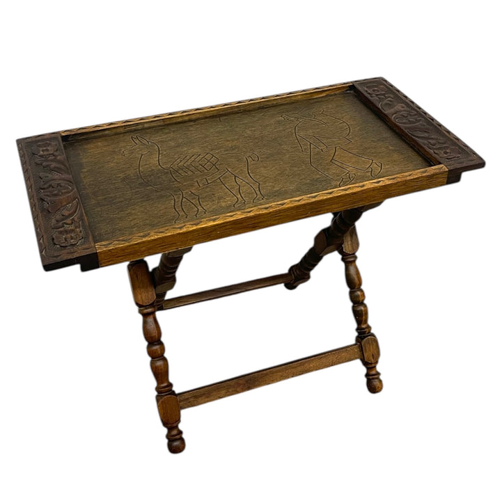 Hand-Carved Wooden Tray With Folding Stand - Carved Llama and Figure
Motif, Turned Legs