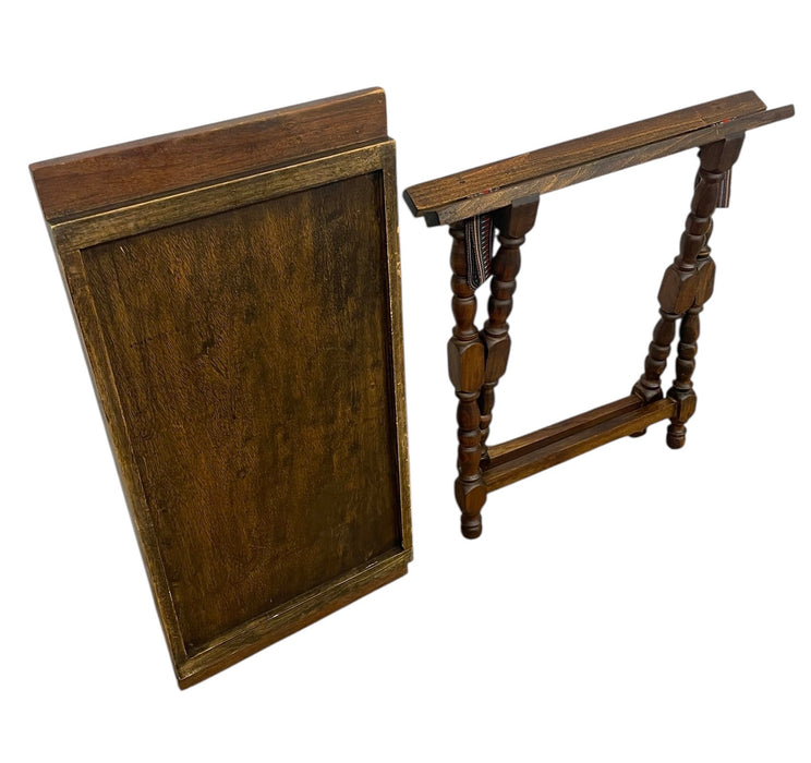 Hand-Carved Wooden Tray With Folding Stand - Carved Llama and Figure
Motif, Turned Legs