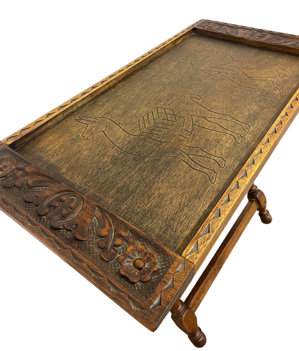 Hand-Carved Wooden Tray With Folding Stand - Carved Llama and Figure
Motif, Turned Legs