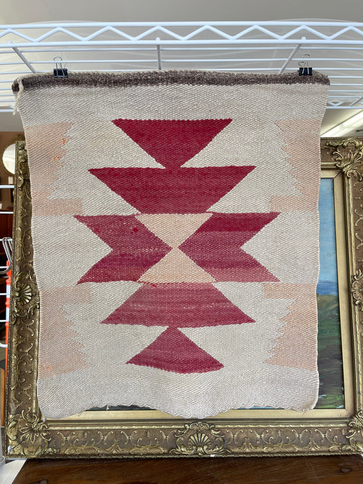 Vintage Handwoven Wool Wall Tapestry with Geometric Navajo-Inspired Motif in Red and Beige