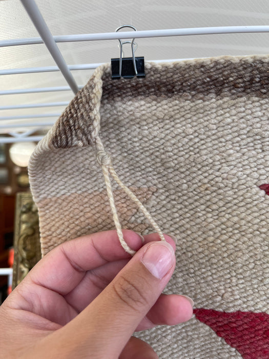 Vintage Handwoven Wool Wall Tapestry with Geometric Navajo-Inspired Motif in Red and Beige