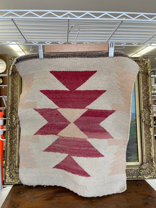 Vintage Handwoven Wool Wall Tapestry with Geometric Navajo-Inspired Motif in Red and Beige