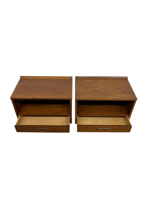 Mid-Century Modern Pair of Walnut-Toned End Table Set with Open Shelf and Dovetail Drawer