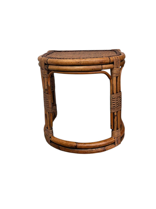 Mid-Century Rattan & Bamboo Accent Table with Woven Wicker Top, Bohemian Style Side Table