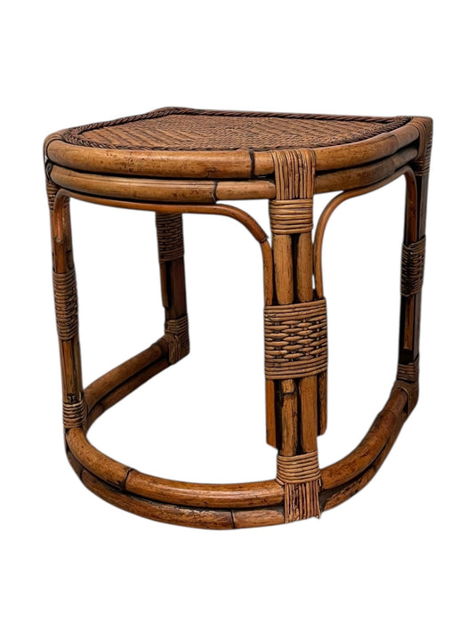 Mid-Century Rattan & Bamboo Accent Table with Woven Wicker Top, Bohemian Style Side Table
