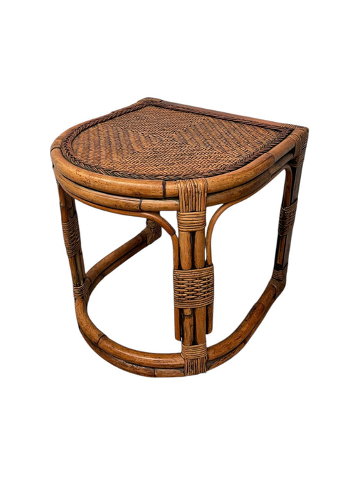 Mid-Century Rattan & Bamboo Accent Table with Woven Wicker Top, Bohemian Style Side Table