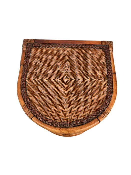Mid-Century Rattan & Bamboo Accent Table with Woven Wicker Top, Bohemian Style Side Table