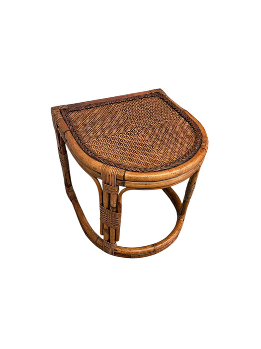 Mid-Century Rattan & Bamboo Accent Table with Woven Wicker Top, Bohemian Style Side Table