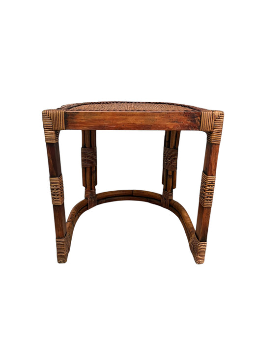 Mid-Century Rattan & Bamboo Accent Table with Woven Wicker Top, Bohemian Style Side Table