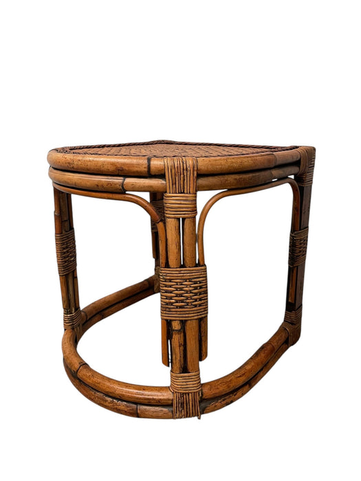 Mid-Century Rattan & Bamboo Accent Table with Woven Wicker Top, Bohemian Style Side Table