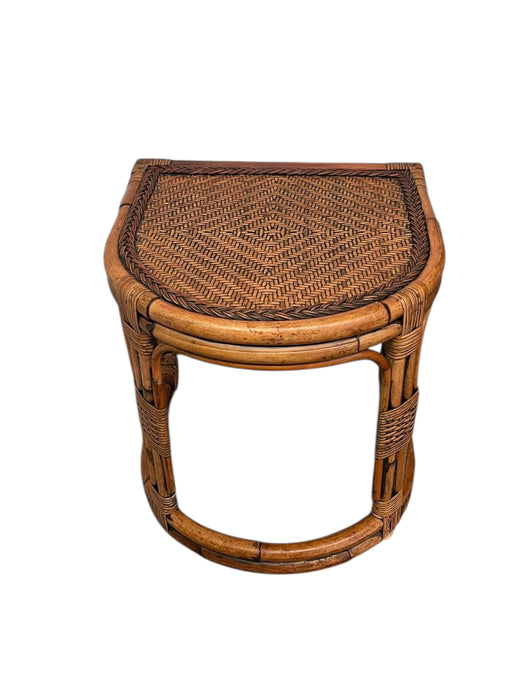 Mid-Century Rattan & Bamboo Accent Table with Woven Wicker Top, Bohemian Style Side Table