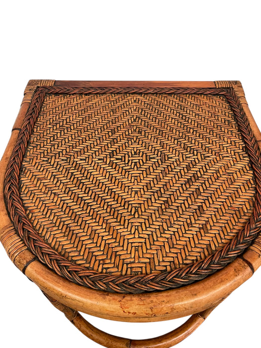 Mid-Century Rattan & Bamboo Accent Table with Woven Wicker Top, Bohemian Style Side Table