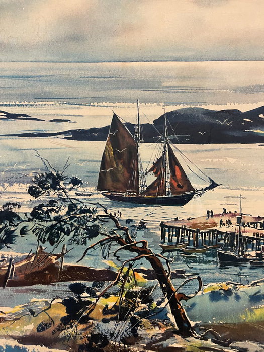 Vintage Framed Harbor Landscape Print by C. Ivar Gilbert - Coastal Sailboat & Village Scene, Gold-Tone Frame
