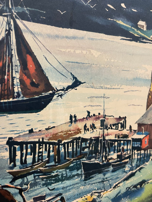 Vintage Framed Harbor Landscape Print by C. Ivar Gilbert - Coastal Sailboat & Village Scene, Gold-Tone Frame
