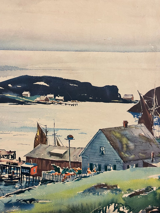 Vintage Framed Harbor Landscape Print by C. Ivar Gilbert - Coastal Sailboat & Village Scene, Gold-Tone Frame