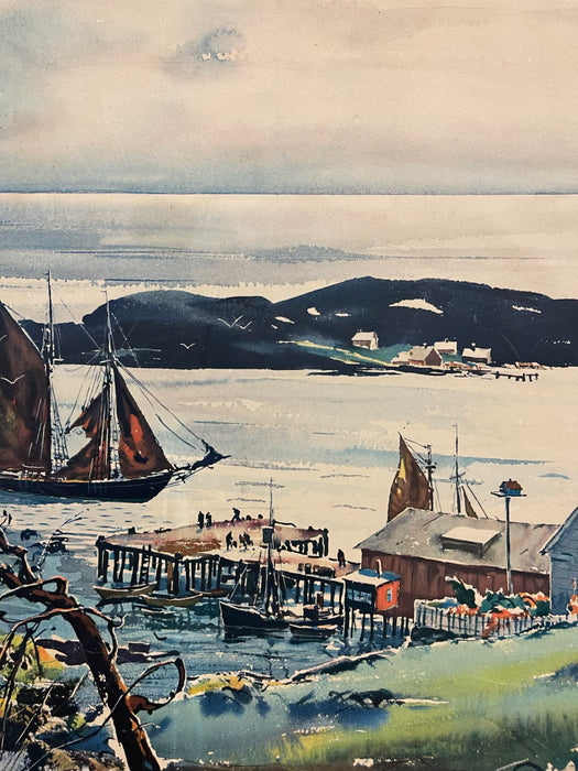 Vintage Framed Harbor Landscape Print by C. Ivar Gilbert - Coastal Sailboat & Village Scene, Gold-Tone Frame