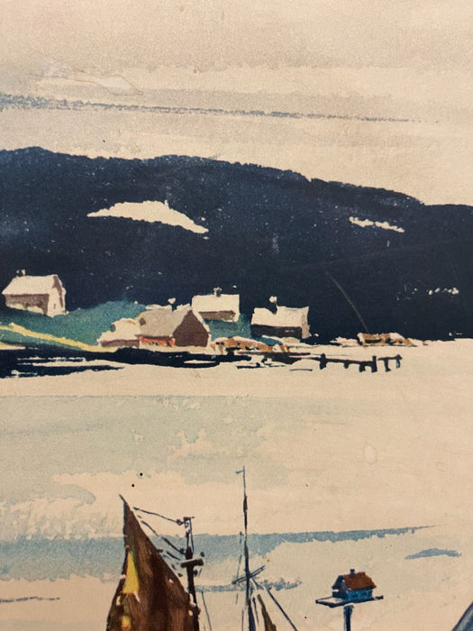 Vintage Framed Harbor Landscape Print by C. Ivar Gilbert - Coastal Sailboat & Village Scene, Gold-Tone Frame