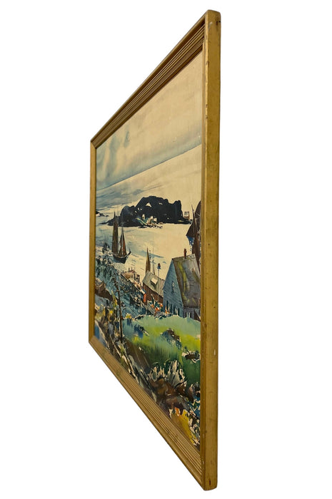 Vintage Framed Harbor Landscape Print by C. Ivar Gilbert - Coastal Sailboat & Village Scene, Gold-Tone Frame