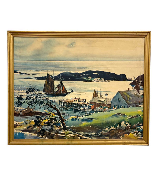 Vintage Framed Harbor Landscape Print by C. Ivar Gilbert - Coastal Sailboat & Village Scene, Gold-Tone Frame