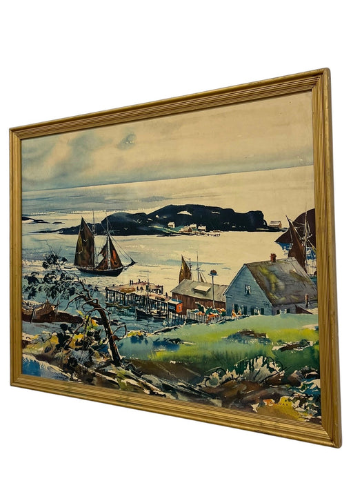 Vintage Framed Harbor Landscape Print by C. Ivar Gilbert - Coastal Sailboat & Village Scene, Gold-Tone Frame