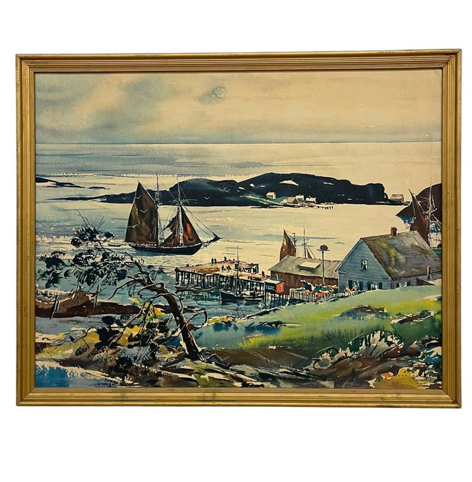 Vintage Framed Harbor Landscape Print by C. Ivar Gilbert - Coastal Sailboat & Village Scene, Gold-Tone Frame