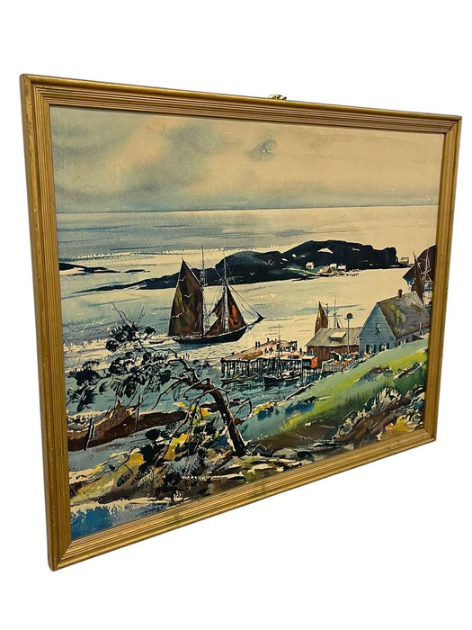 Vintage Framed Harbor Landscape Print by C. Ivar Gilbert - Coastal Sailboat & Village Scene, Gold-Tone Frame