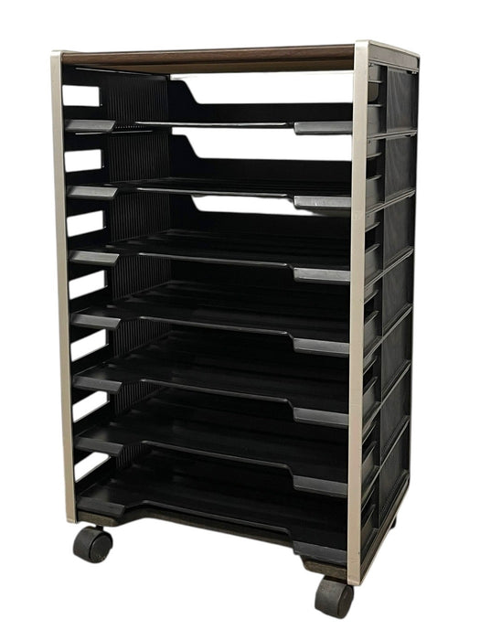 Vintage Rolling Office File Organizer Cart with Tiered Plastic Trays, Wood Top and Metal Frame