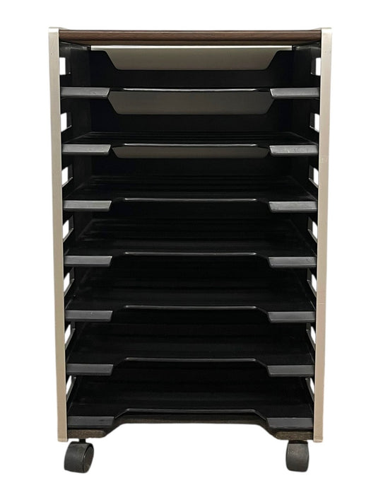 Vintage Rolling Office File Organizer Cart with Tiered Plastic Trays, Wood Top and Metal Frame