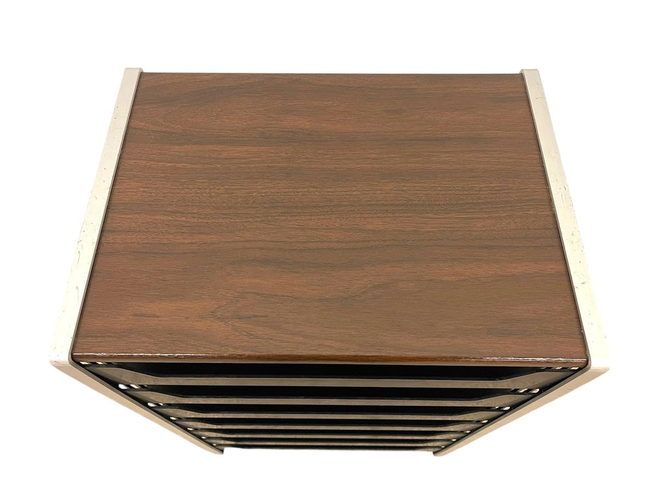 Vintage Rolling Office File Organizer Cart with Tiered Plastic Trays, Wood Top and Metal Frame