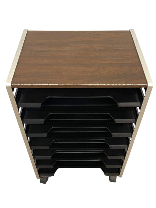 Vintage Rolling Office File Organizer Cart with Tiered Plastic Trays, Wood Top and Metal Frame