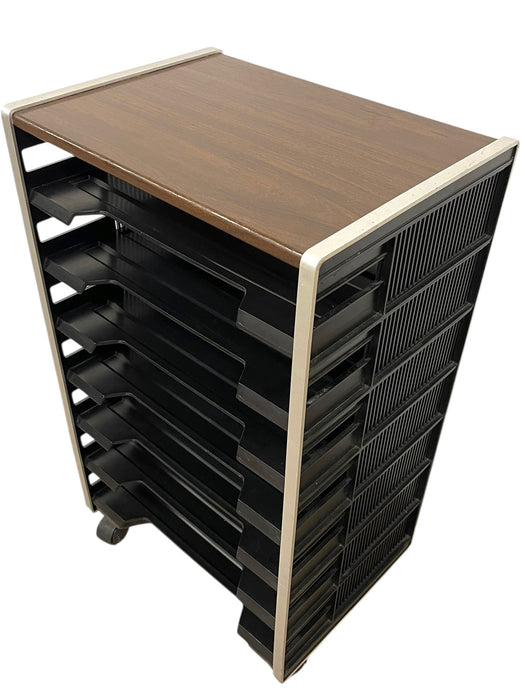 Vintage Rolling Office File Organizer Cart with Tiered Plastic Trays, Wood Top and Metal Frame