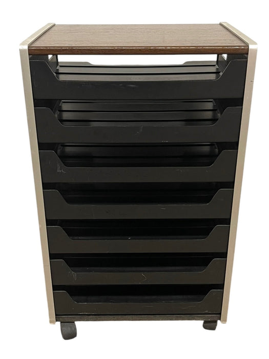 Vintage Rolling Office File Organizer Cart with Tiered Plastic Trays, Wood Top and Metal Frame