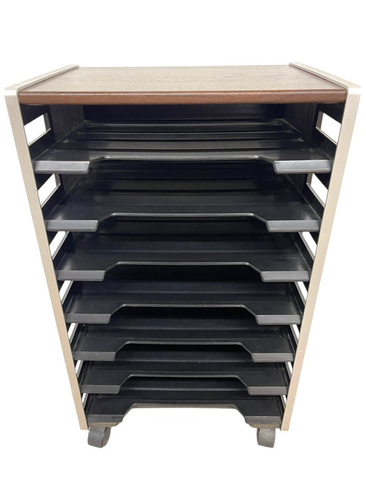 Vintage Rolling Office File Organizer Cart with Tiered Plastic Trays, Wood Top and Metal Frame