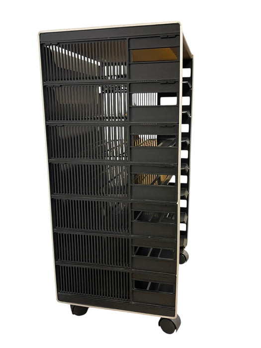 Vintage Rolling Office File Organizer Cart with Tiered Plastic Trays, Wood Top and Metal Frame