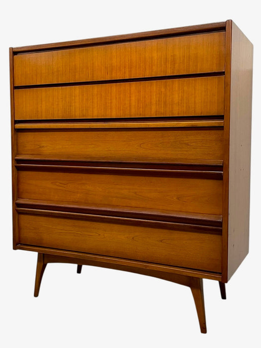 Vintage Mid-Century Modern 4-Piece Bedroom Set - 9-Drawer Lowboy Dresser, Tall Highboy Dresser & Pair of Nightstands with Sculpted Pulls and Dovetail Drawers