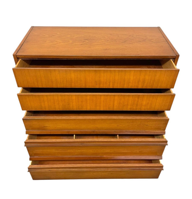 Vintage Mid-Century Modern 4-Piece Bedroom Set - 9-Drawer Lowboy Dresser, Tall Highboy Dresser & Pair of Nightstands with Sculpted Pulls and Dovetail Drawers