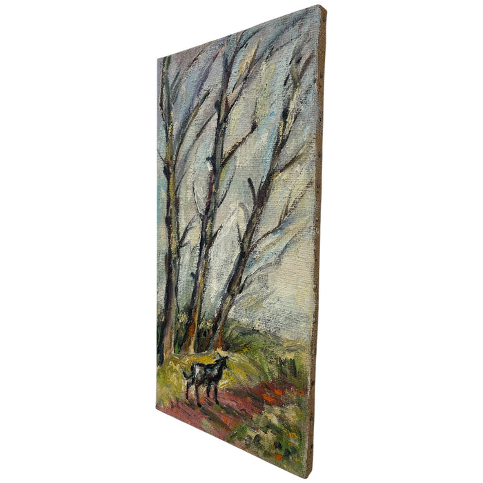 Vintage Landscape Oil Painting on Burlap, Mid-Century Modern Art