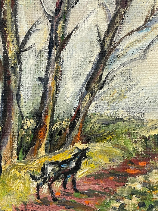 Vintage Landscape Oil Painting on Burlap, Mid-Century Modern Art