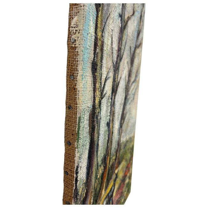 Vintage Landscape Oil Painting on Burlap, Mid-Century Modern Art