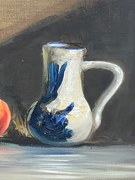 Vintage Still Life Oil Painting with Bottle, Ceramic Pitcher and Apple on Canvas Board