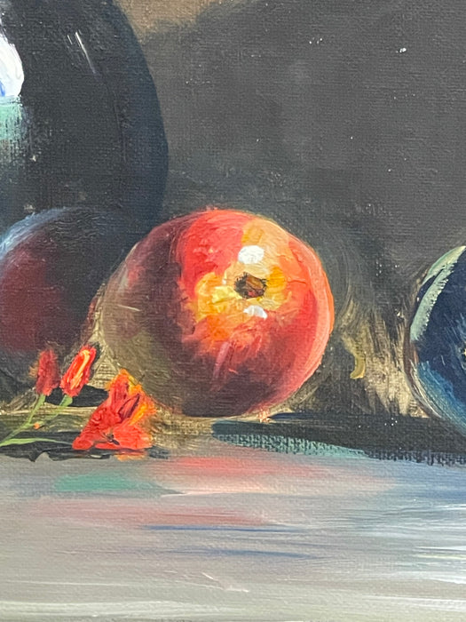 Vintage Still Life Oil Painting with Bottle, Ceramic Pitcher and Apple on Canvas Board