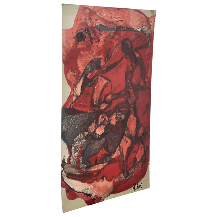 Vintage Signed Abstract Painting in Red and Black, Figurative Composition