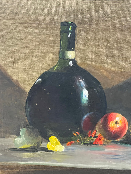 Vintage Still Life Oil Painting with Bottle, Ceramic Pitcher and Apple on Canvas Board