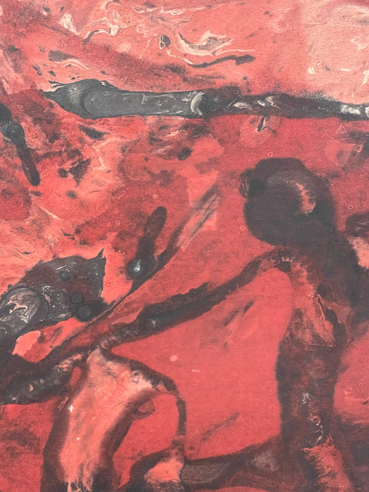 Vintage Signed Abstract Painting in Red and Black, Figurative Composition