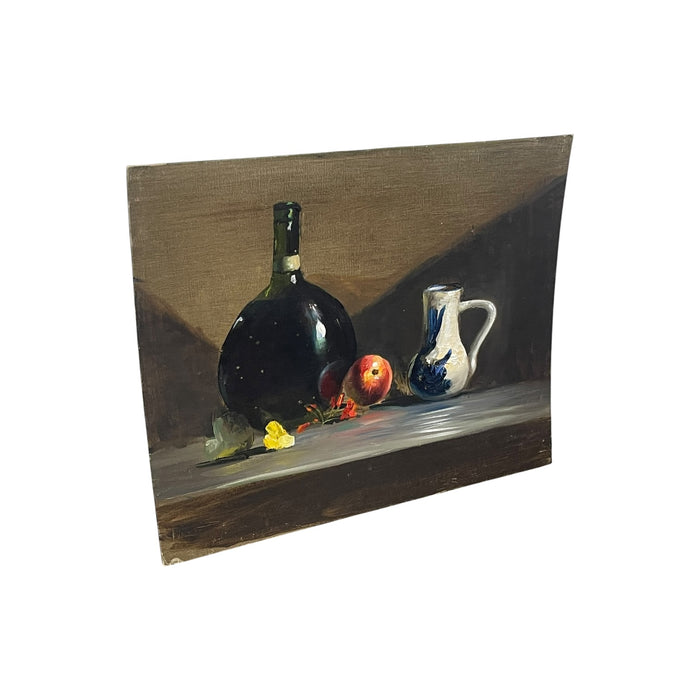 Vintage Still Life Oil Painting with Bottle, Ceramic Pitcher and Apple on Canvas Board