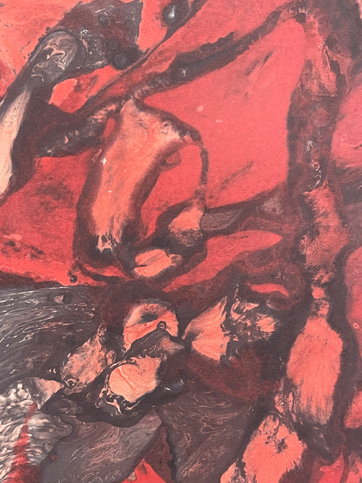 Vintage Signed Abstract Painting in Red and Black, Figurative Composition